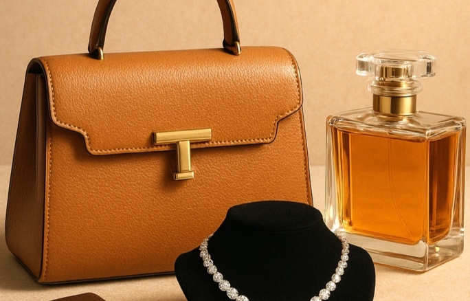 Image décorative et sobre représentant le french life style avec un sac de luxe, un parfum et un porte collier et son collier de perle