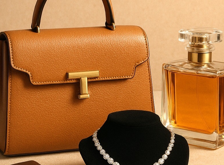 Image décorative et sobre représentant le french life style avec un sac de luxe, un parfum et un porte collier et son collier de perle