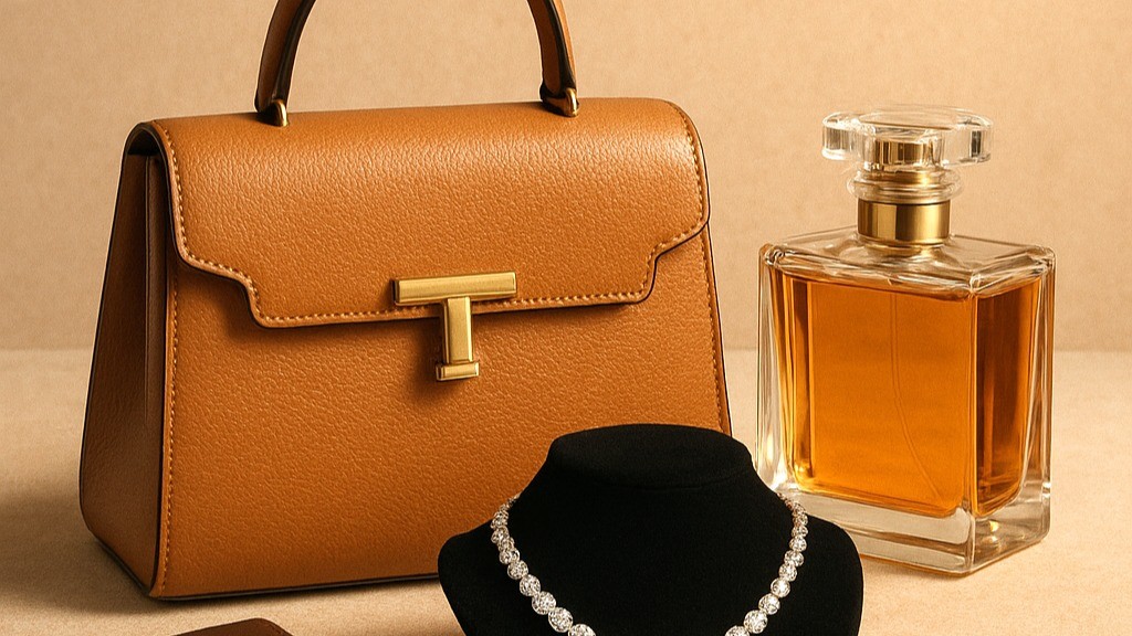 Image décorative et sobre représentant le french life style avec un sac de luxe, un parfum et un porte collier et son collier de perle